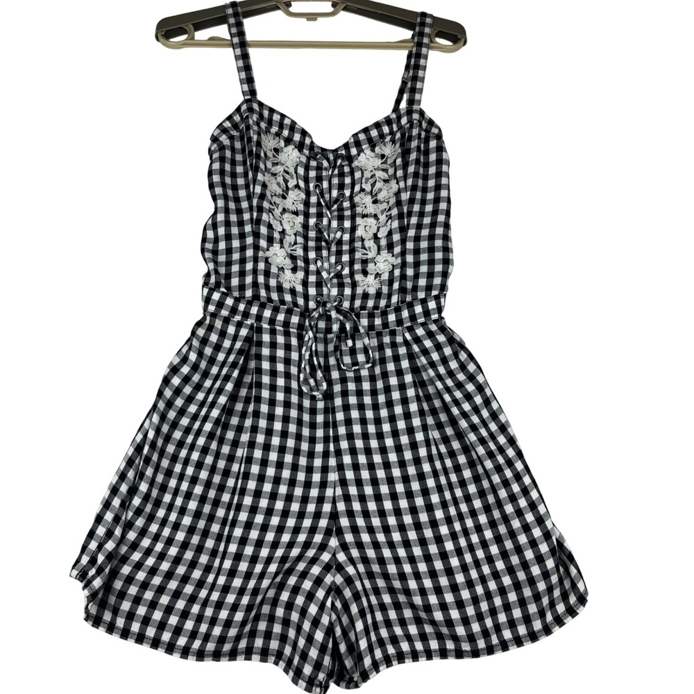 Hollister Romper Women S Black Gingham Floral Embroidered Lace Up Smocked Back